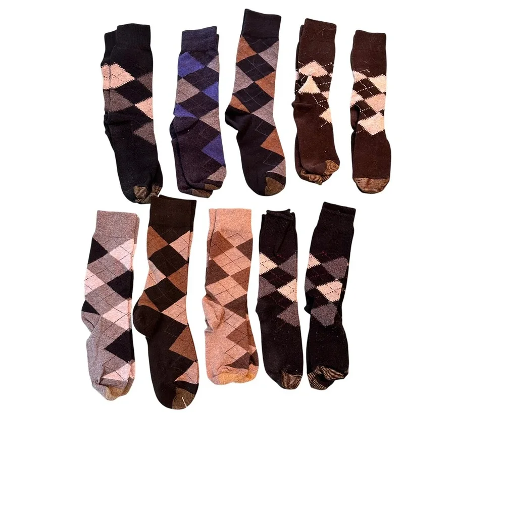 Gold Toe Mens Argyle Crew Socks‎ Bundle 10 Pairs Brown Navy Black Dress Socks